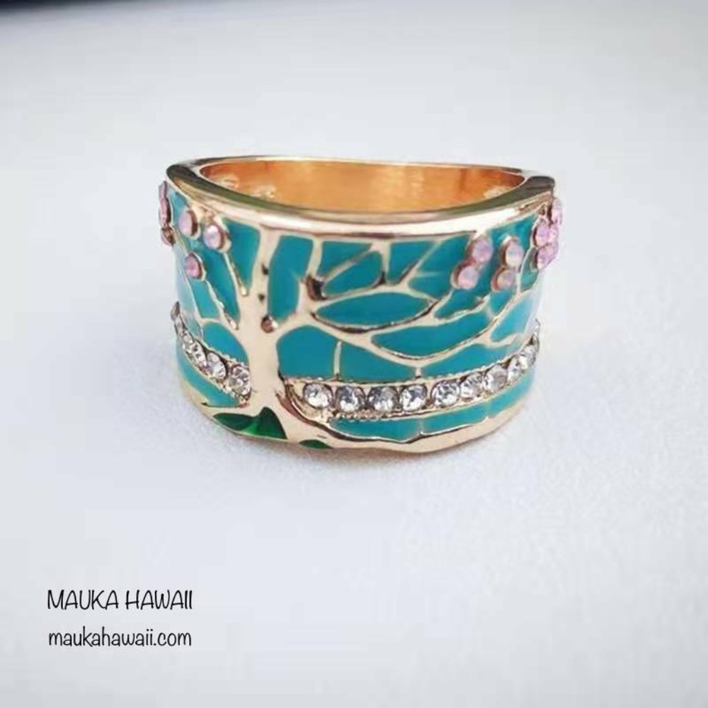 Turquoise Enamel & Pink Rhinestone Gold Tone Flowering Plum Tree Ring Size 7 8 9